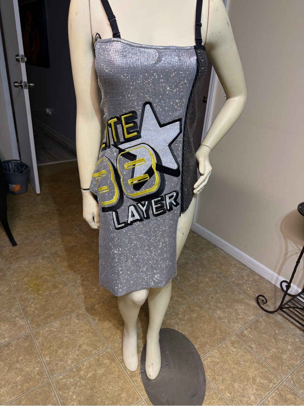 AKIRA Silver Sequin corset  top with Yellow & Black Graphic